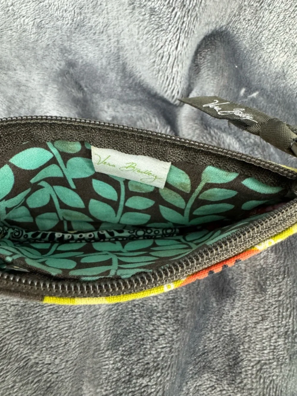 Vera Bradley Flower Shower Zip ID Case Brown Orange Teal Green Floral Wristlet
